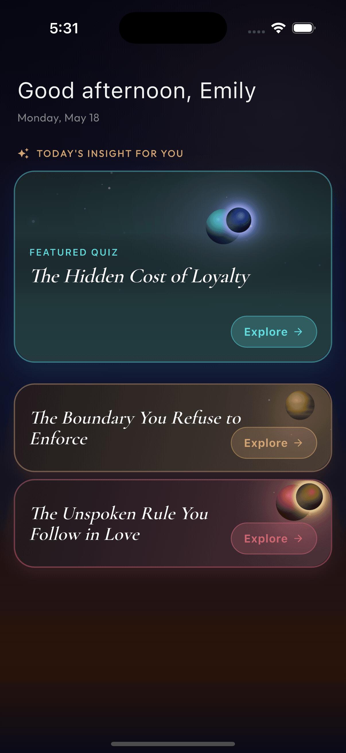 Cosmix home screen showing a personalized afternoon greeting and today's insight